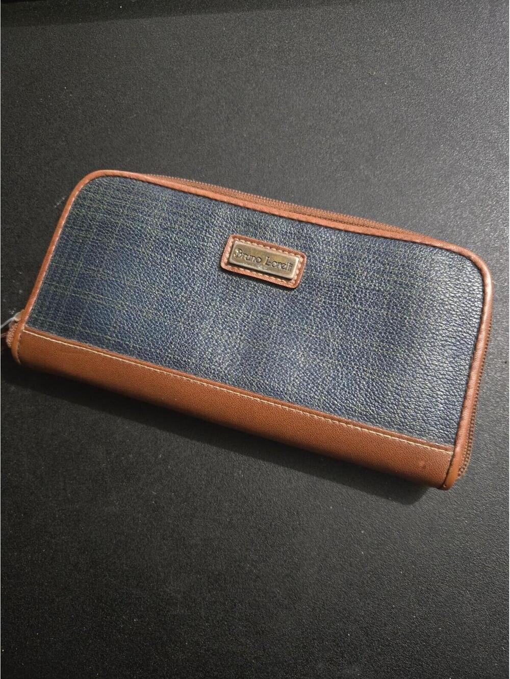 Vintage Bruno Lorelli Navy and Cognac Zip-Around Wallet